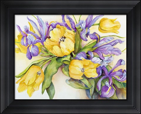 Framed Yellow Tulips with Blue Iris Print