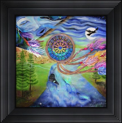 Framed Tribal Dream Catcher Wolf Print