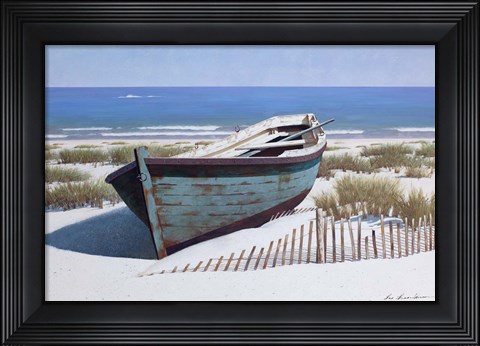 Framed Blue Boat on Beach Print