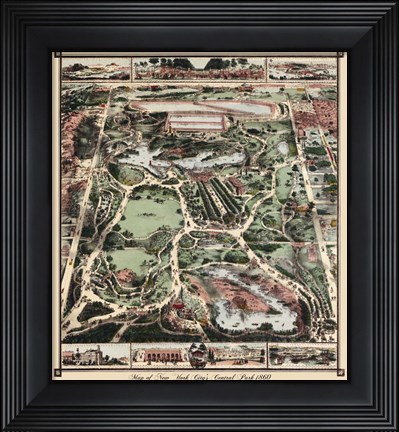 Framed Map Of New York City's Central Park 1860 Print