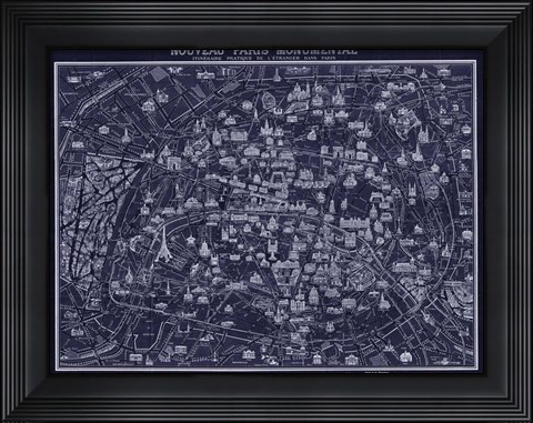 Framed 1920 Pocket Map of Paris Blueprint style Print