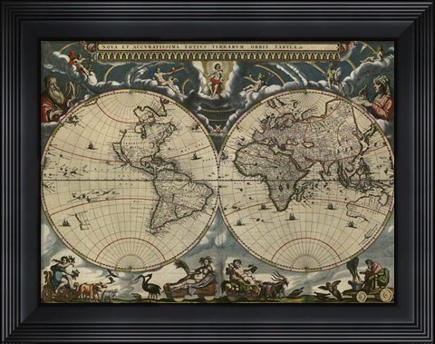 Framed Map of the World by Blaeu 1684 Print