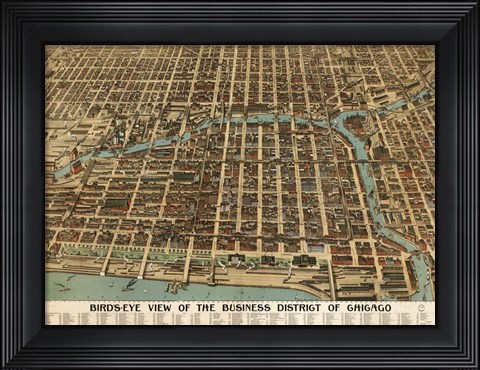 Framed Birds Eye Chicago biz district-1898 Print