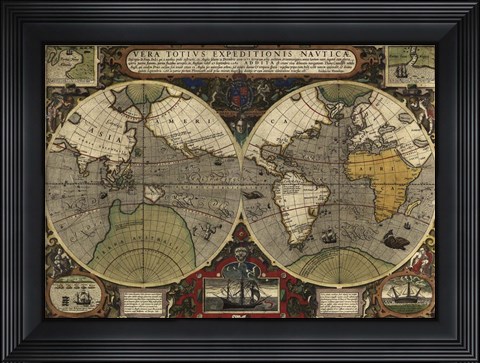 Framed Hondius map of the World 1595 Print