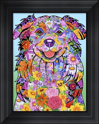 Framed Flowers Australian Shepherd Print