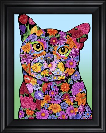 Framed Flowers Black Cat Print
