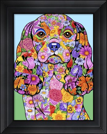 Framed Flowers Cavalier King Chas Print