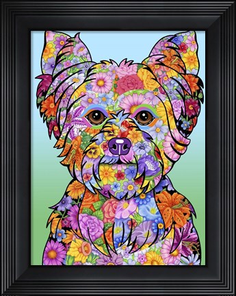 Framed Flowers Yorkie Puppycut Print