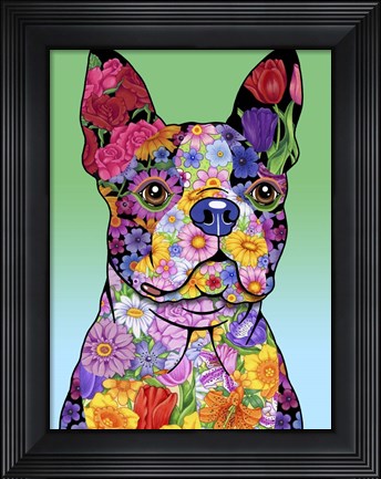 Framed Flowers Boston Terrier Print