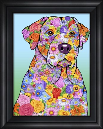 Framed Flowers Yellow Lab Print