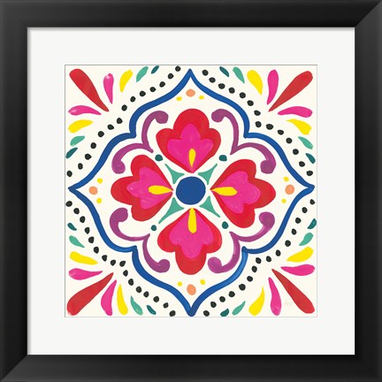 Framed Floral Fiesta White Tile V Print