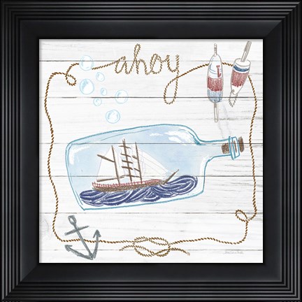 Framed Ship in a Bottle Ahoy Shiplap Print