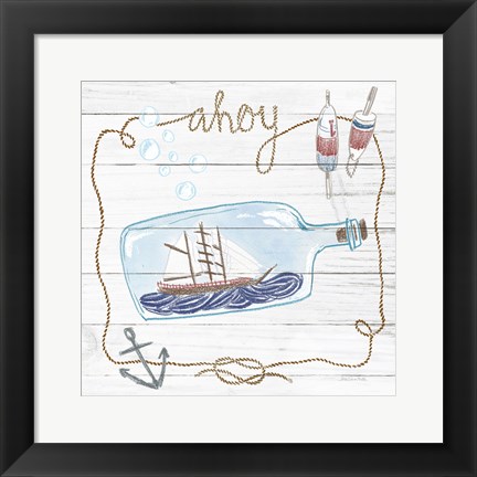 Framed Ship in a Bottle Ahoy Shiplap Print