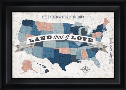 Framed USA Modern Vintage Blue Grey Red with Words Print