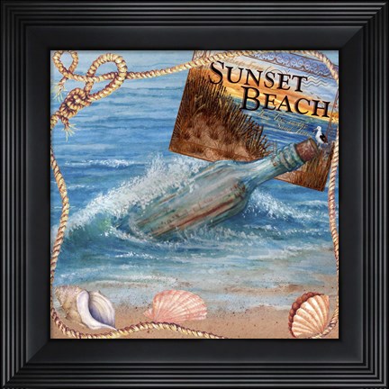 Framed Message In Bottle-Sunset Beach Print