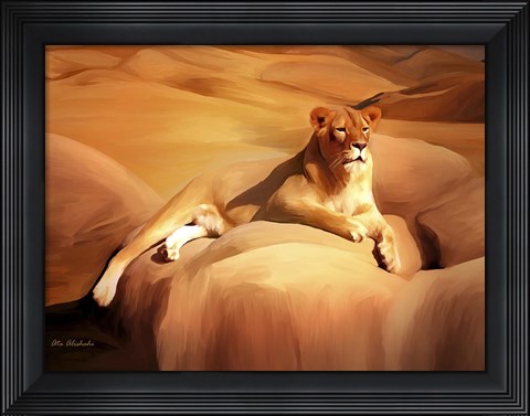 Framed Lioness On A Rock 2 Print