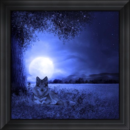 Framed Moon Night And Wolf Print