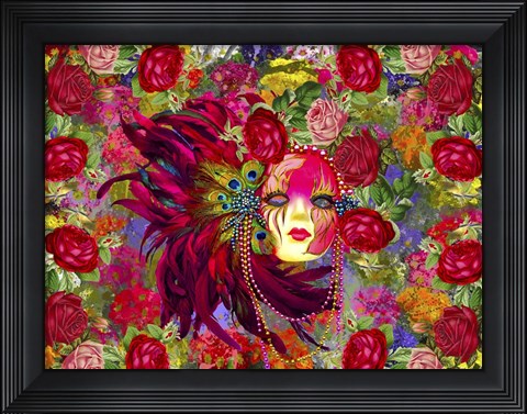 Framed Mask And Red Flowers Print