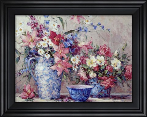 Framed Flowers and Blue Porcelain Print