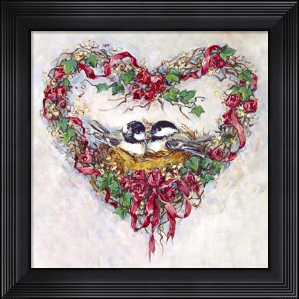 Framed Pair 2 Birds and a Heart Wreath Print