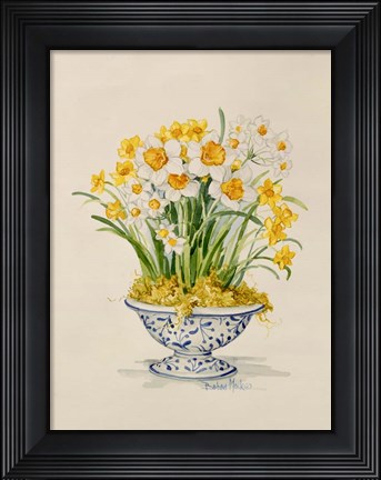 Framed Blue and White Porcelain Daffodils Print