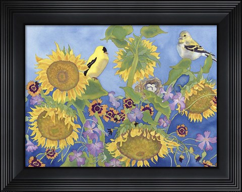 Framed Goldfinches With Sunflowers Print