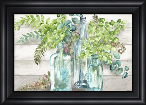 Framed Vintage Bottles and Ferns Landscape Print