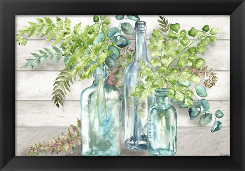 Framed Vintage Bottles and Ferns Landscape Print