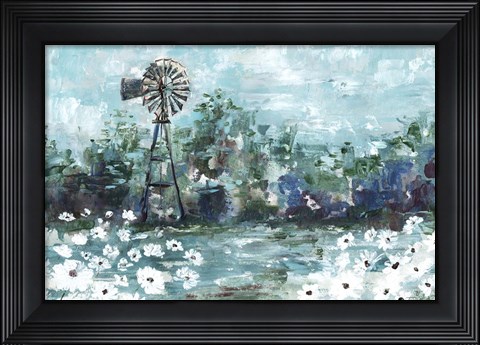 Framed Windmill and Daisies Landscape Print
