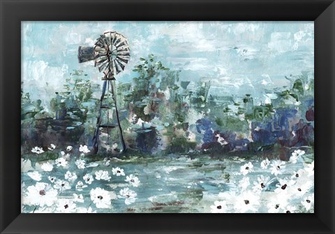 Framed Windmill and Daisies Landscape Print