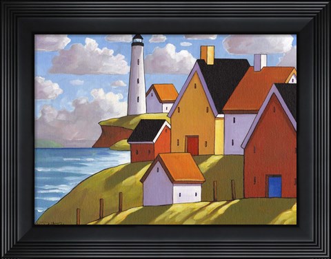 Framed Lighthouse Cottage Hillside View Print