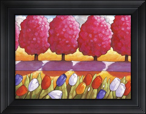 Framed Pink Trees Path &amp; Tulips Print
