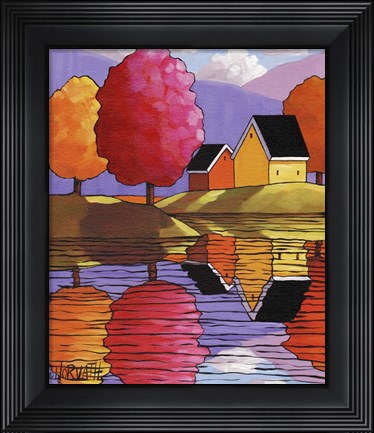Framed Purple Mountains Colorful Trees &amp; Cottages Print