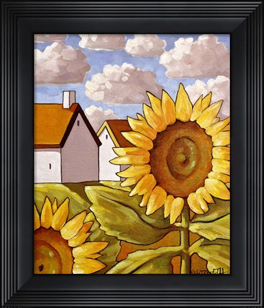 Framed Sunflower &amp; Cottages Scenic View Print