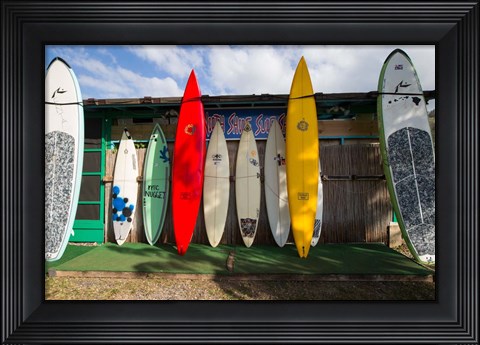 Framed Surfboards Leaning Against Beach Shack, Hawaii Print
