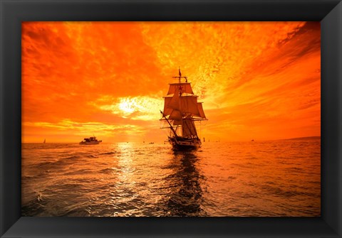 Framed Sailboat and Tall Ship the Pacific Ocean, Dana Point Harbor, California Print