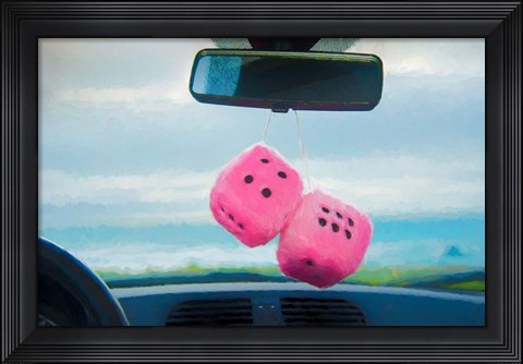 Framed Furry Dice Hanging in a Car Print