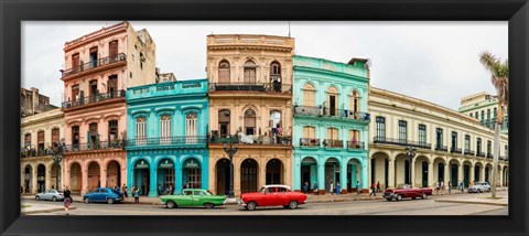 Framed Cars in Front of Colorful Houses, Havana, Cuba Print