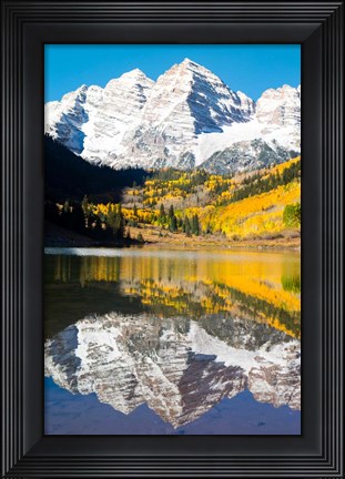 Framed Reflection of Mountain Range on water, Maroon Lake, Aspen, Colorado Print