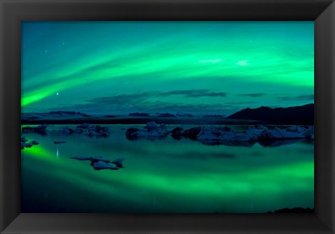 Framed Aurora Borealis or Northern Lights over Jokulsarlon Lagoon, Iceland Print