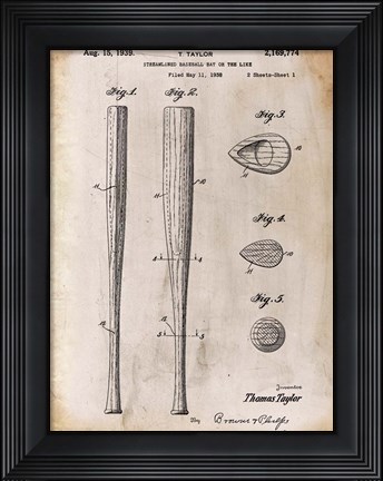 Framed Baseball Bat 2 White Patent Print