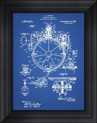 Framed Blueprint Gyrocompass Patent Print