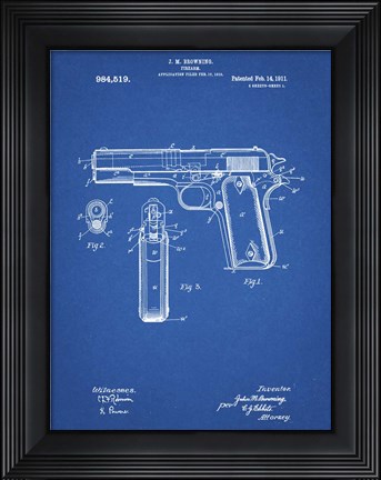 Framed Blueprint Colt 1911 Semi-Automatic Pistol Patent Print