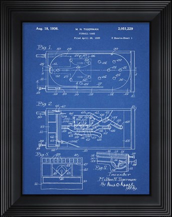 Framed Blueprint Pin Ball Machine Patent Print