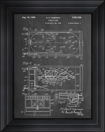 Framed Chalkboard Pin Ball Machine Patent Print