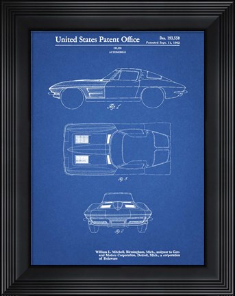 Framed Blueprint 1962 Corvette Stingray Patent Print