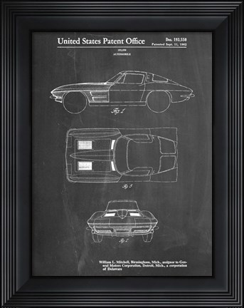 Framed Chalkboard 1962 Corvette Stingray Patent Print