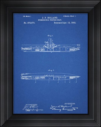 Framed Blueprint Holland Submarine Patent Print