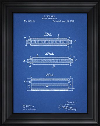 Framed Blueprint Hohner Harmonica Patent Print