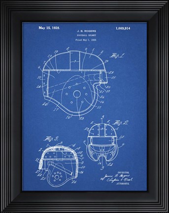 Framed Blueprint Football Helmet 1925 Patent Print